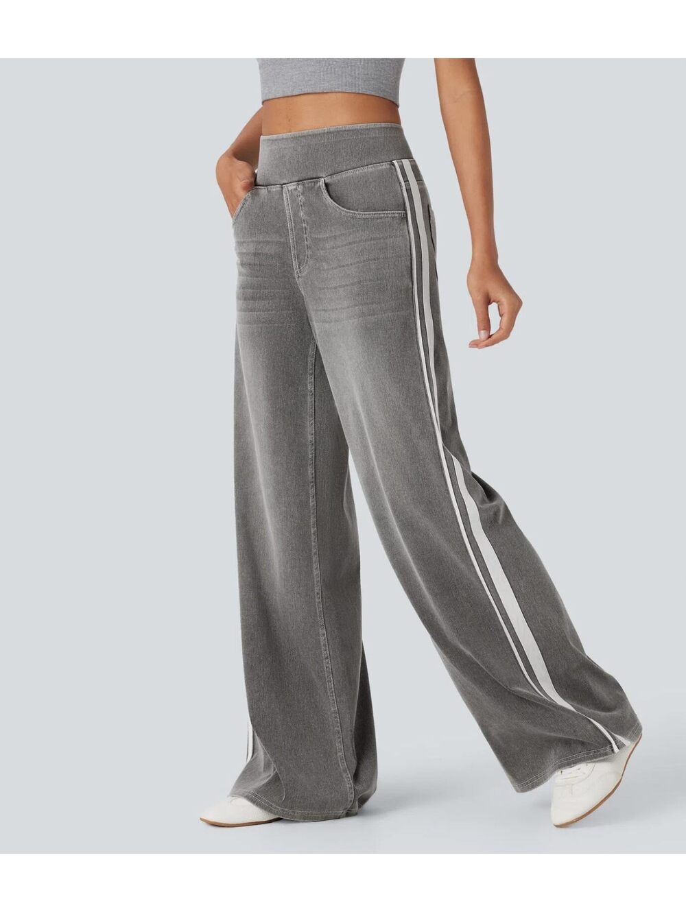 HALARA High Waisted Stripe Wide Leg Washed Jeans with Pockets Size M Petite